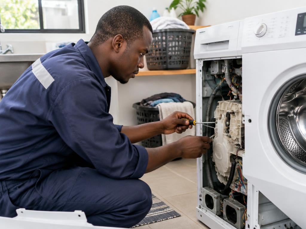 Technician repairing the internal parts of a washing machine